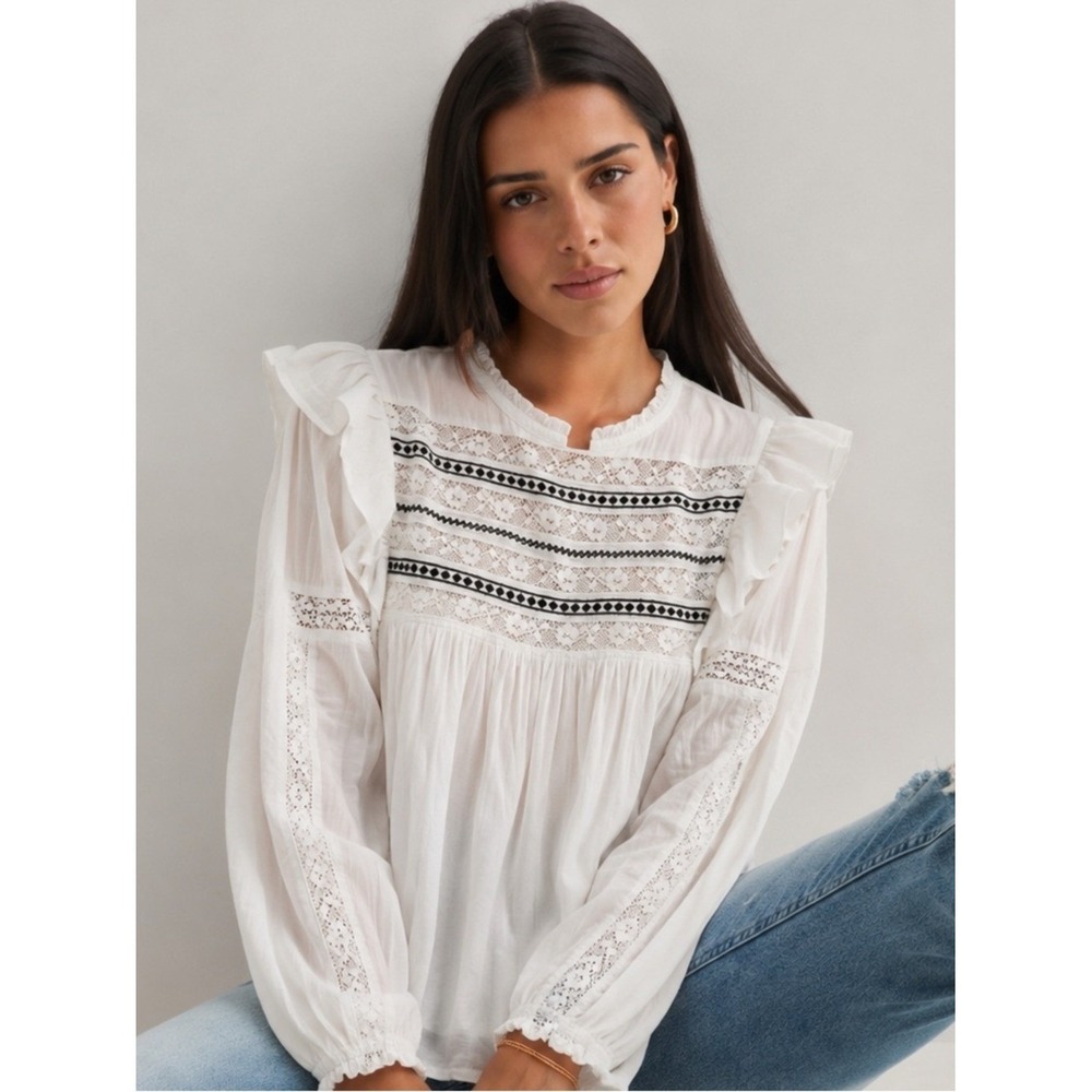 HM White Lace Embroidered Ruffle Blouse Long Sleeve Boho Top US 10 Peasant Flowy